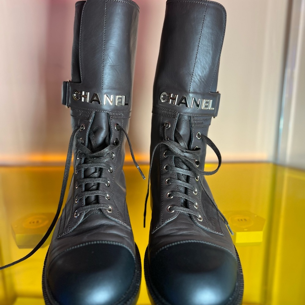 Chanel Brown Soft Logo Lambskin Combat Boots